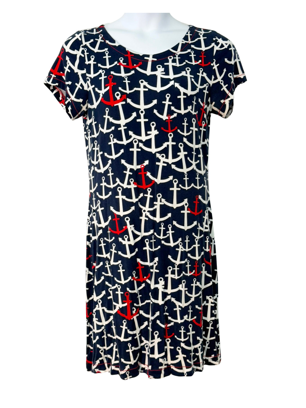 Hatley Sz L Short Sleeve Shift Dress Nautical Anchors Navy & White T-Shirt Knit